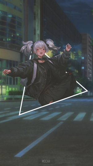 Anime girl with pigtails in a city at night