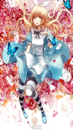 Anime girl in blue dress with butterflies and roses