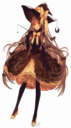 Anime girl with witch hat and red eyes