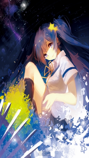 Anime girl with blue hair and stars in space