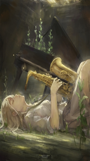 Anime girl playing saxophone near a piano