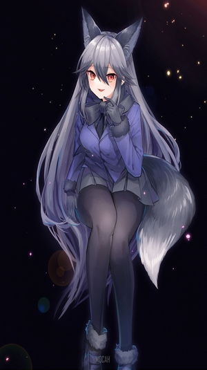 Anime girl with fox ears and tail in space