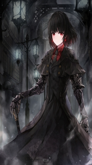 Anime girl with red eyes and mechanical arms in dark alley