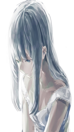 Anime girl with long white hair and blue eyes