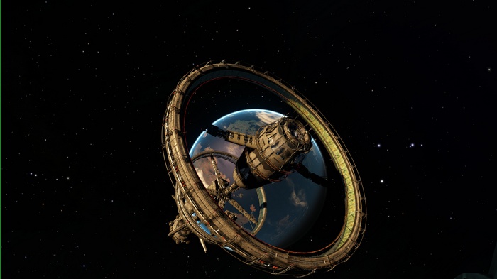 Elite Dangerous spaceship orbiting a planet
