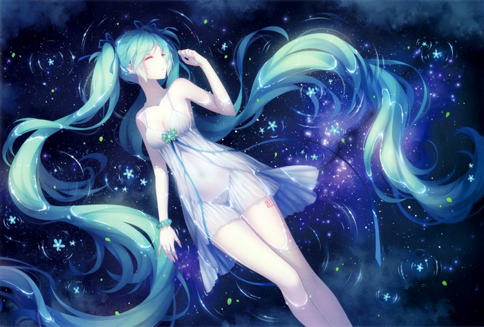 Hatsune Miku floating in a starry water galaxy