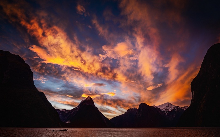 Fiordland National Park at sunset with dramatic clouds