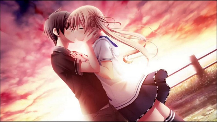 Anime couple kissing at sunset