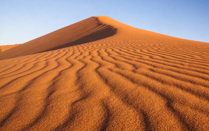 Sand dunes with ripples under a clear sky