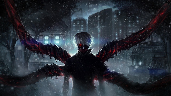 Tokyo Ghoul Character with Red Glowing Eye and Tentacles
