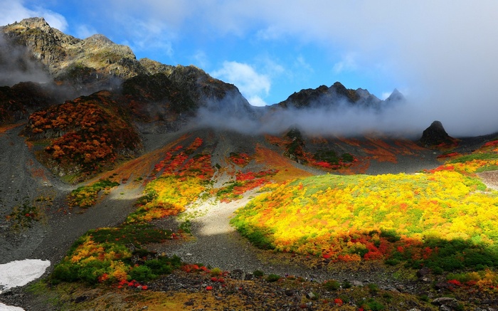 Autumn mountain landscape with colorful foliage and mist