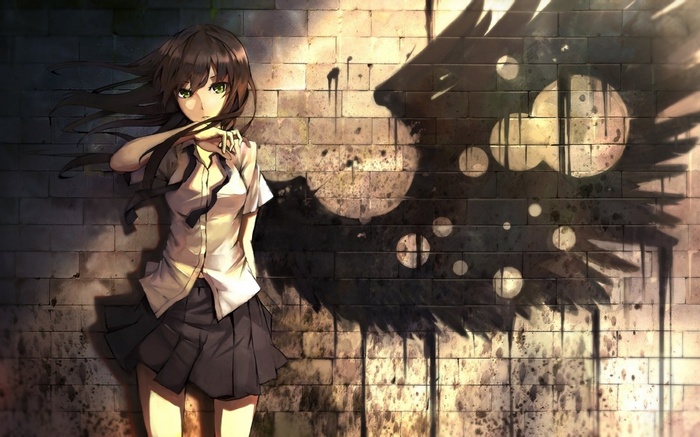 Anime girl with wings shadow on brick wall