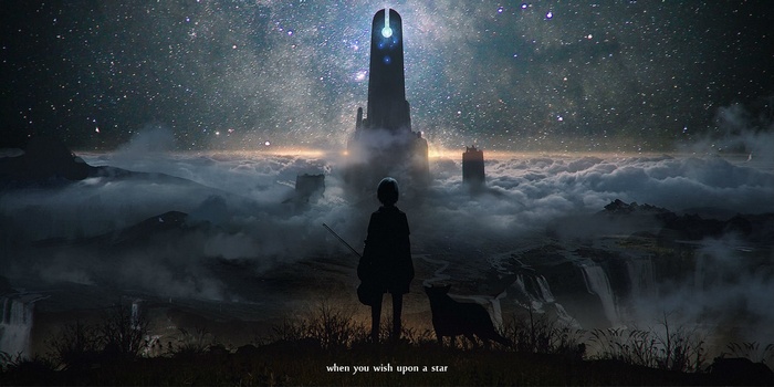 Silhouette of a girl and dog under a starry sky