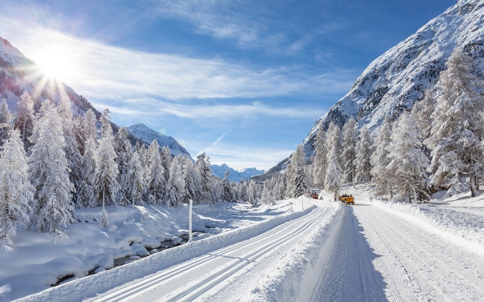 Snowy mountain road with trees and a yellow vehicle