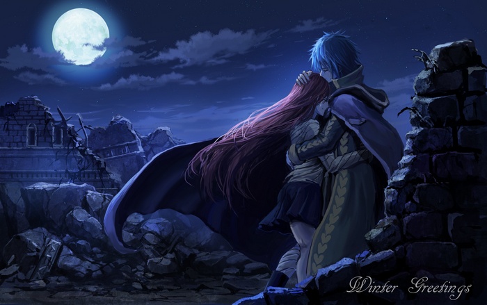 Erza Scarlet and Jellal Fernandes in ruins under the moon