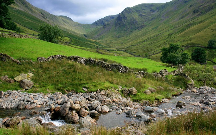 Valley with stream and stone walls