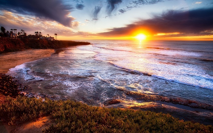 Sunset over the ocean with waves and cliffs
