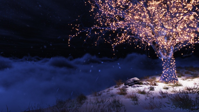 Tree decorated with lights in a snowy landscape at night