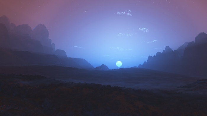 Alien landscape with a bright blue sun