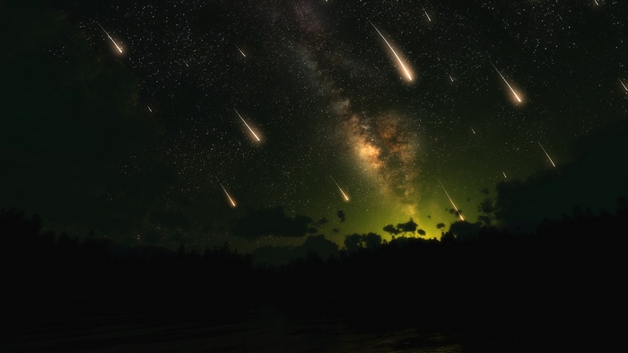 Meteor shower over a dark forest and lake