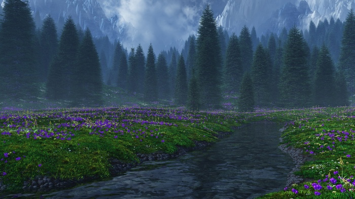 Misty mountain forest with purple flowers and stream