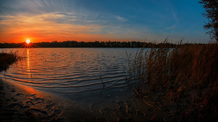 Sunset over a lake with reeds and sand