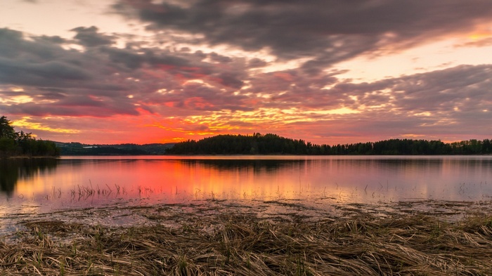 Sunset over a calm lake with trees and clouds