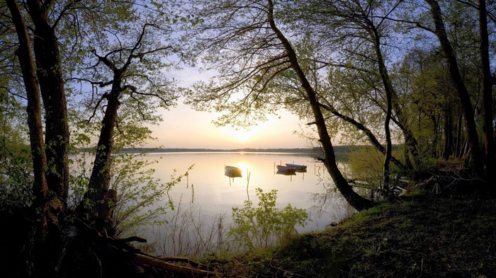 Boats on a lake at sunset with trees