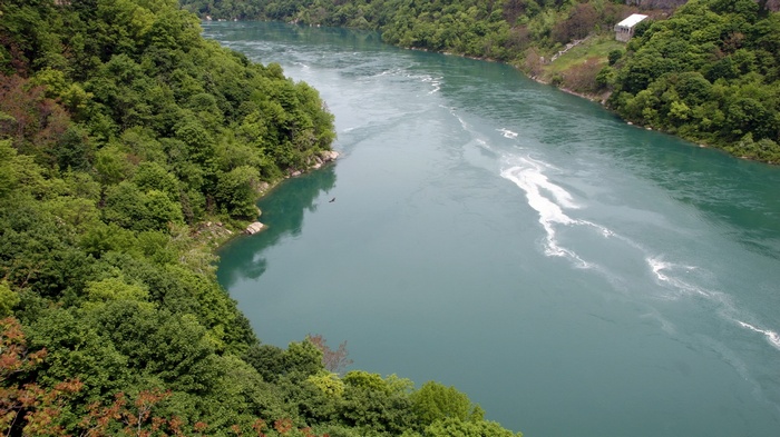 River flowing through a forested gorge with white water