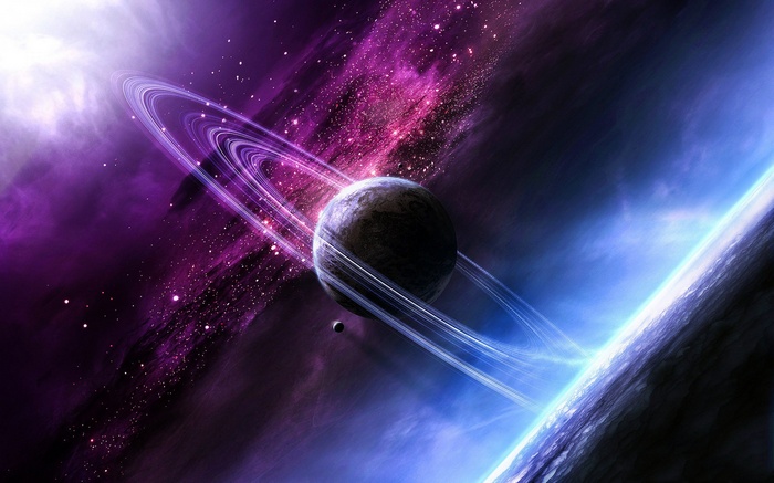 Planet with rings in a purple and blue nebula