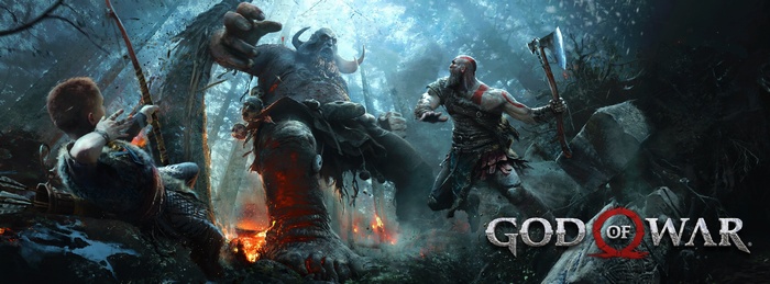 Kratos and Atreus fighting a giant in God of War