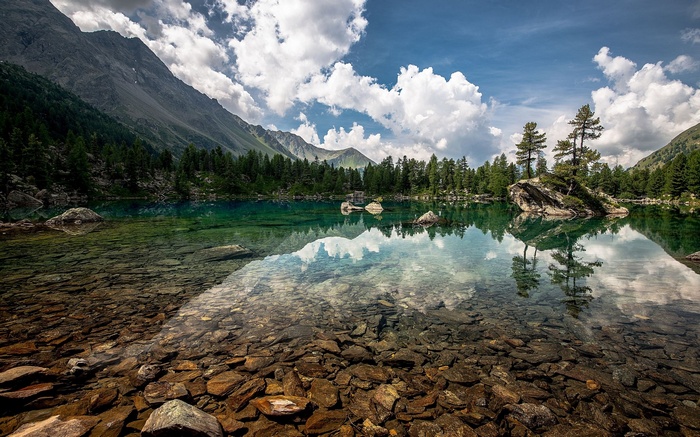 Mountain lake with clear water and rocky shore