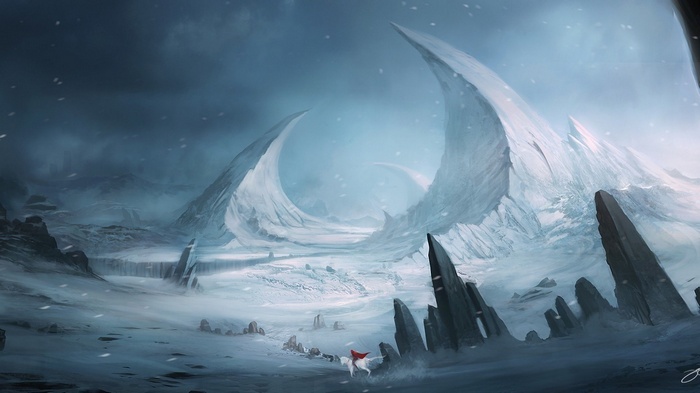 A lone figure on a horse in a snowy, icy landscape