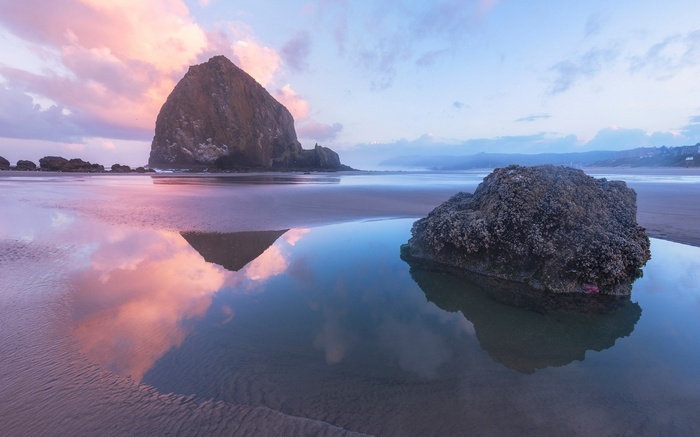 Haystack Rock reflection at Cannon Beach during sunset