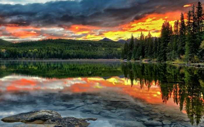 Sunset over a forest lake with reflections