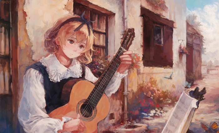 Girl playing guitar with butterflies and flowers