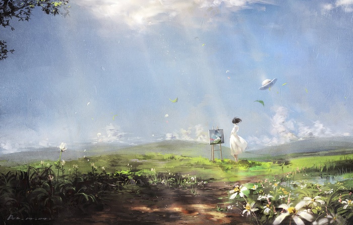 Girl painting in a field with a UFO