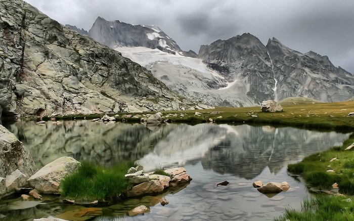Mountain lake with glacier and rocky slopes