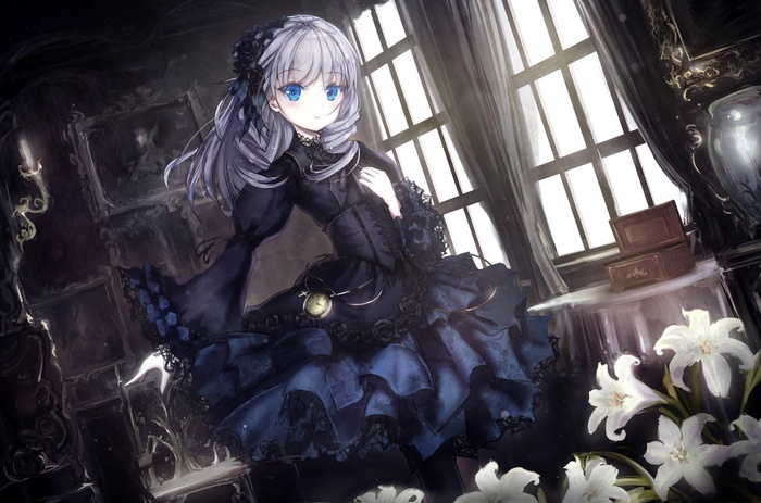 Gothic anime girl in black dress with blue eyes