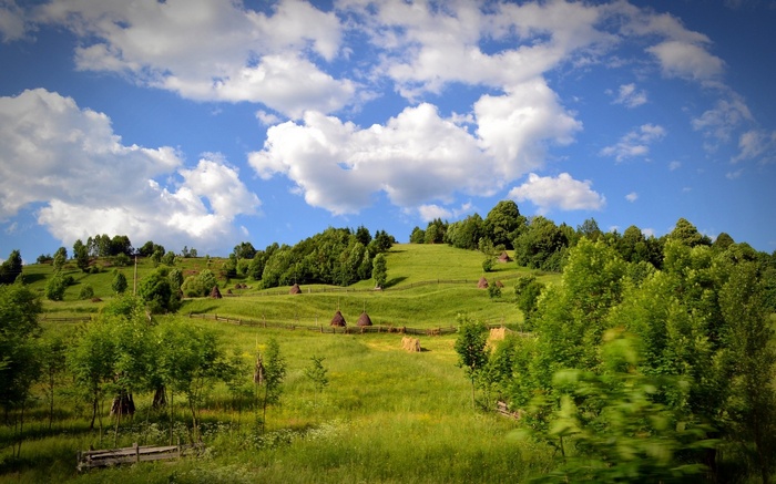 Green rolling hills with haystacks under a blue sky