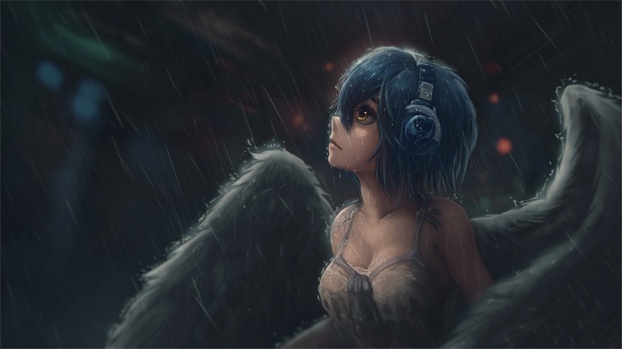 Anime girl with wings and headphones in the rain