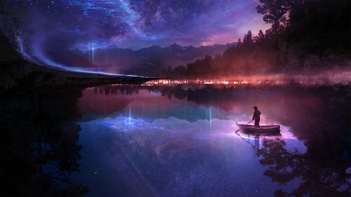 Man in boat on lake under galaxy and mountains
