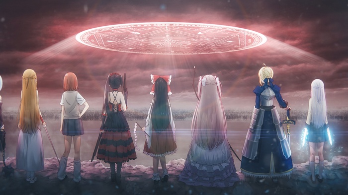 Anime girls from various series facing a magical circle