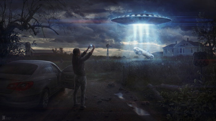 Alien abduction in rural landscape with a person filming