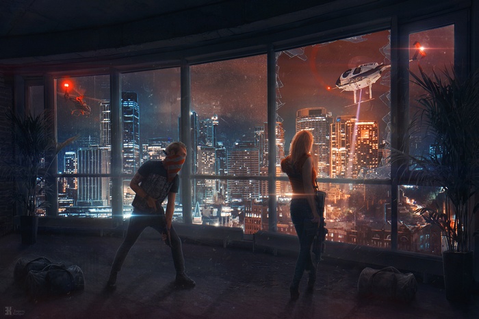 Man and woman in broken window apartment with police helicopters