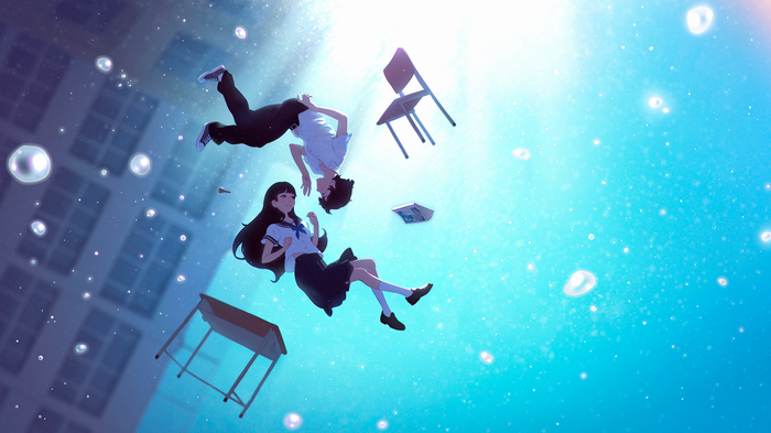 Anime school students falling in a surreal environment