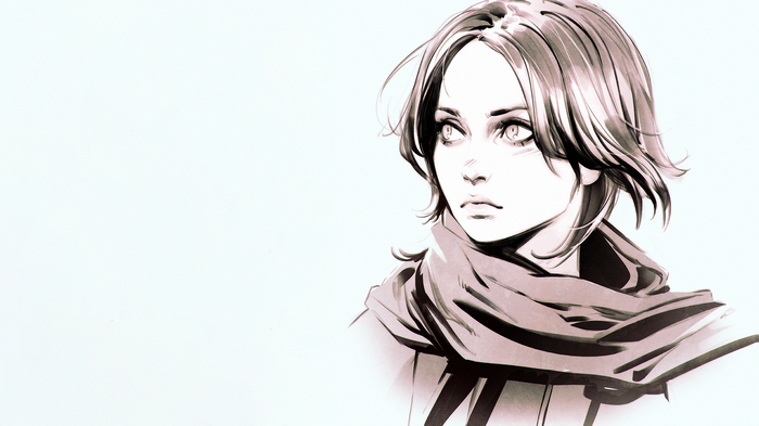 Artwork of a woman with short hair and a scarf
