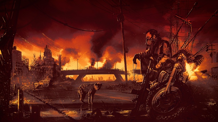Post-apocalyptic city with man on motorcycle and hyena