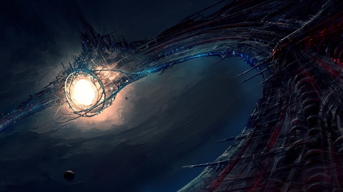 Futuristic space station with glowing orb and planet
