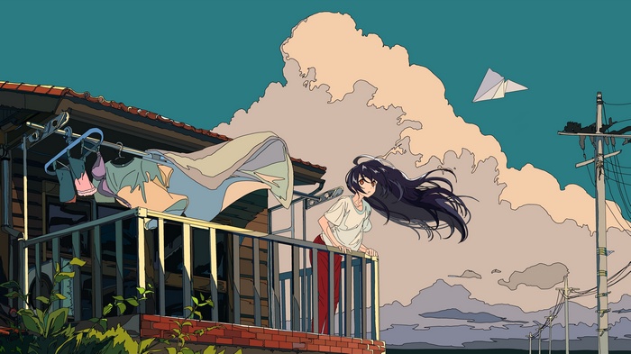 Girl on balcony with laundry and paper airplane